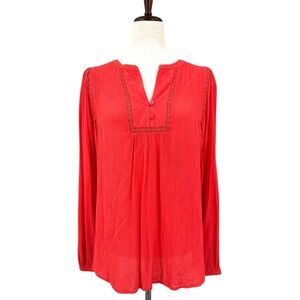 GAP V-Neck Peasant Top Tomato Red Long Sleeve Flowy Cotton Gauze Women's Small